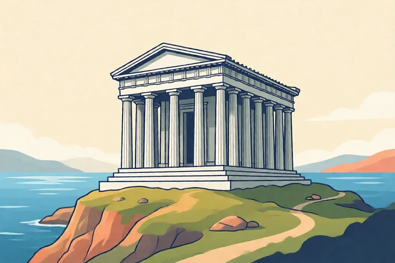 A stone temple with tall columns on a hill above a blue sea