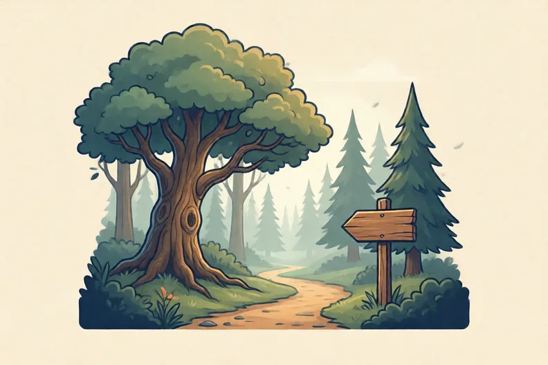 A misty forest path with a tall old tree and a wooden signpost