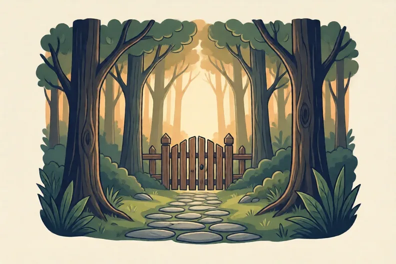 A dark forest with a stone path leading to a small wooden gate