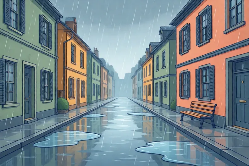A rainy street with wet shiny pavement and puddles
