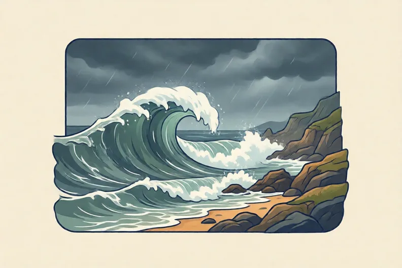 A grey stormy sea with white waves breaking on a rocky shore