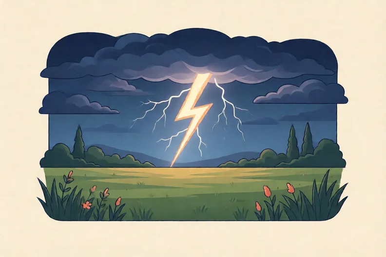 A dark evening sky over a field with a bright flash of lightning