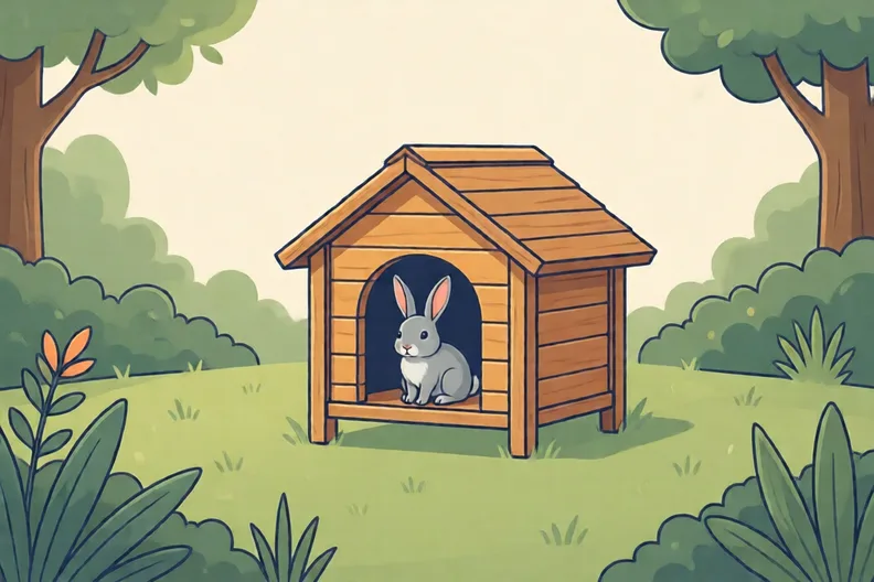A wooden rabbit hutch with a grey rabbit inside, in a back garden