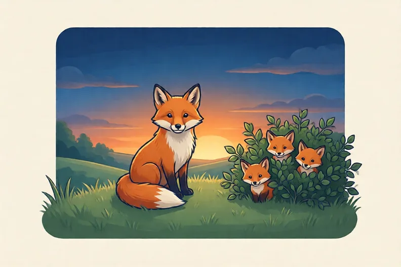 A fox on a grassy hill at dusk, with three cubs peeking from bramble.