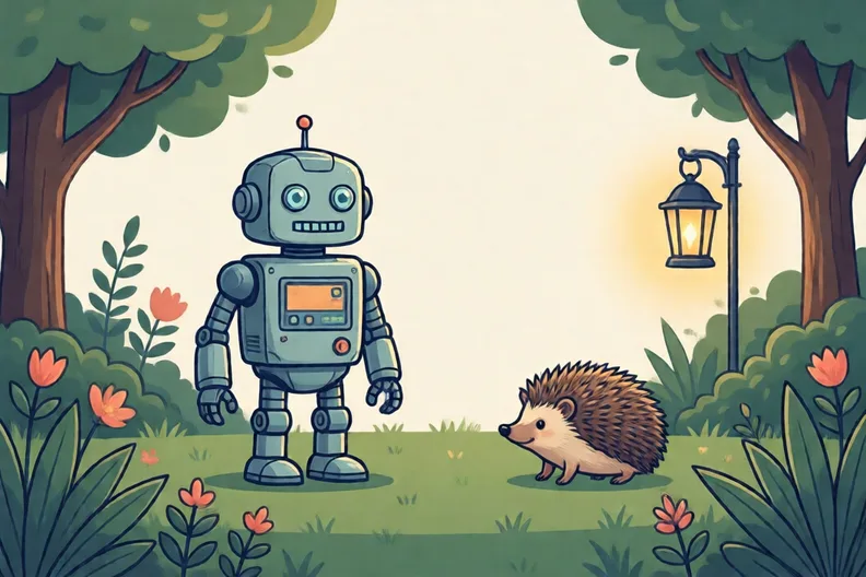 A robot and a hedgehog in a garden at dusk