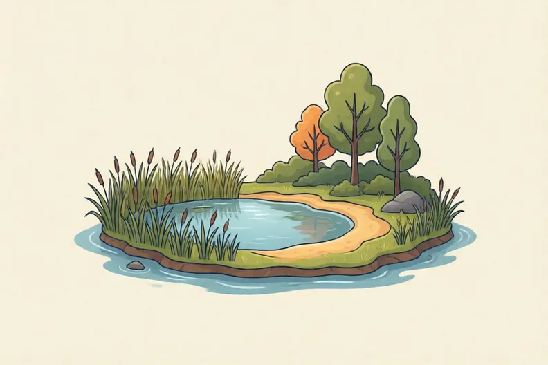 A wild island with reeds, a pond and a sandy shore