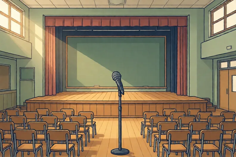 An empty school hall stage with a microphone stand and rows of chairs