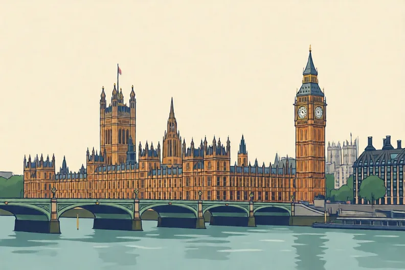 The Houses of Parliament in London seen from across the river on a clear day