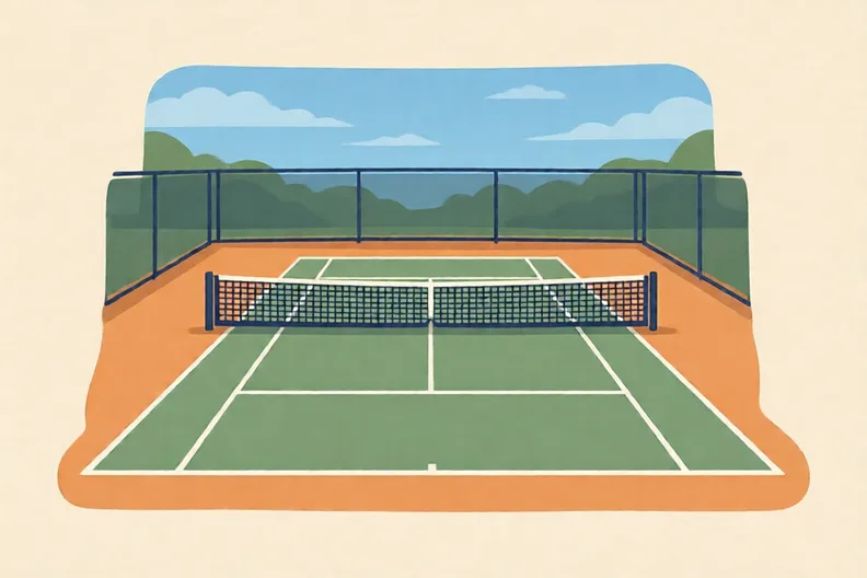 An empty outdoor tennis court with a net and white lines, in bright daylight