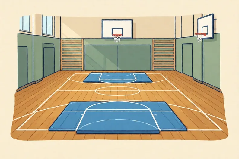 A bright school sports hall with blue gym mats laid out on a wooden floor