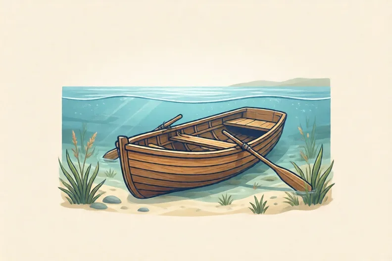 A small rowing boat resting on the bed of a calm, clear lake