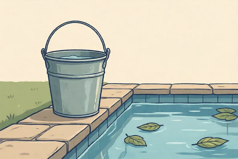 A metal bucket standing on the paved edge of a garden pool