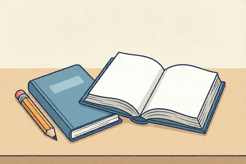 A pencil, a closed notebook and an open book with blank pages on a desk