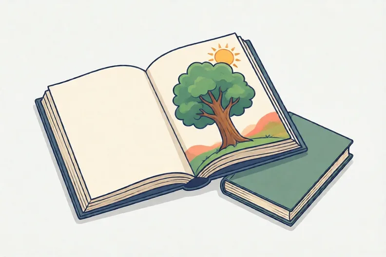 Open picture book showing a colorful tree and sun drawing, beside a thin book.