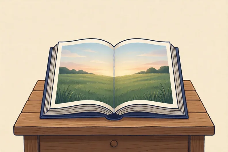 An open picture book on a wooden table showing a quiet hill at dusk