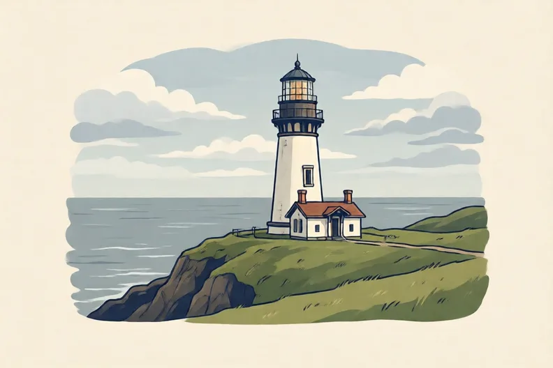 An old lighthouse on a cliff top under a grey sky
