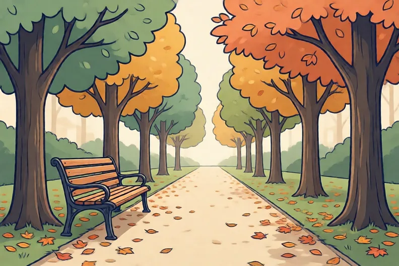 A tree-lined park path with a bench and fallen leaves