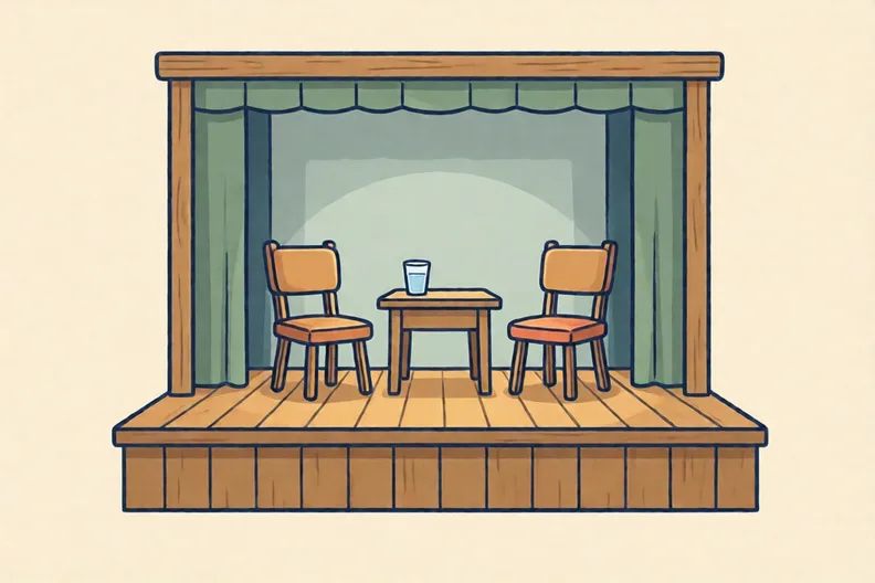 A wooden debate stage with two empty chairs and a glass of water on a table