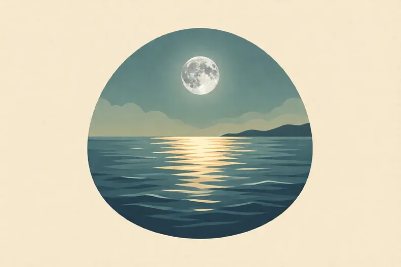 A calm sea under a silver moon with a path of light