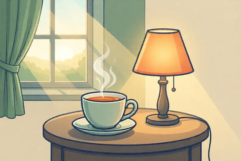 A warm cup of tea beside a glowing lamp in morning light