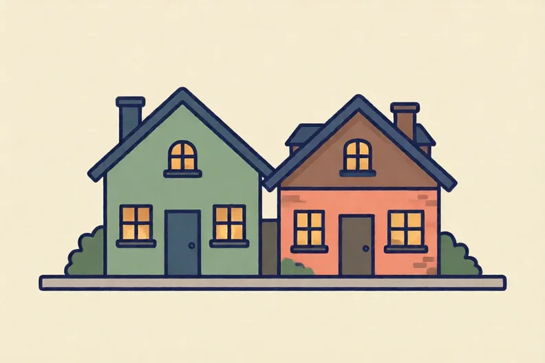 Two lit windows in two houses on a quiet street at dusk