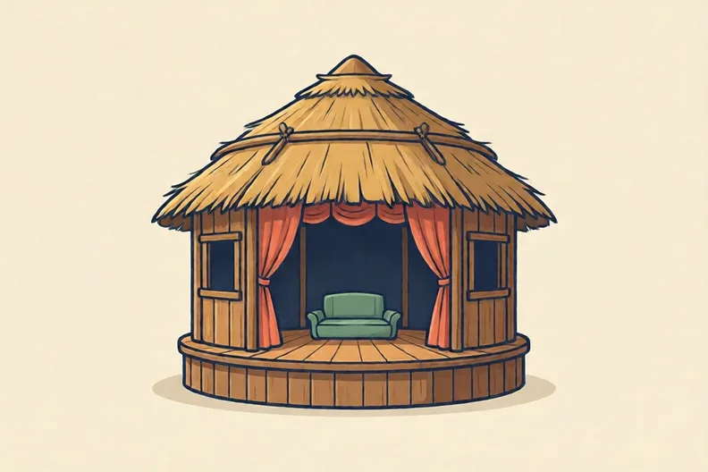 An open-air wooden playhouse with a round yard and a stage, ready for a performance