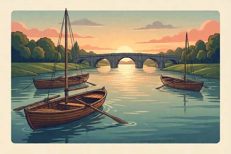The River Thames at dusk with old wooden boats and a bridge in the distance