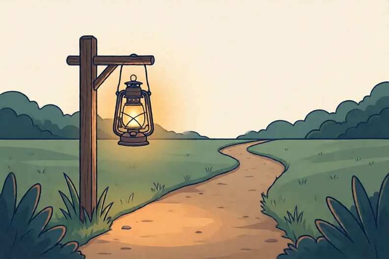 A lantern hanging on a wooden post at dusk beside a dark path