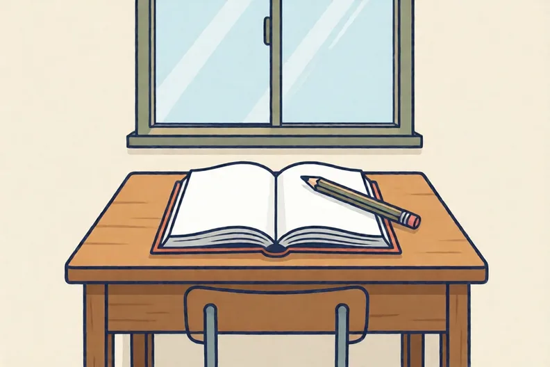 An open blank hardback book and a pencil on a wooden desk by a window.
