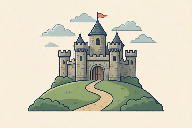 A stone castle on a grassy hill under a grey sky