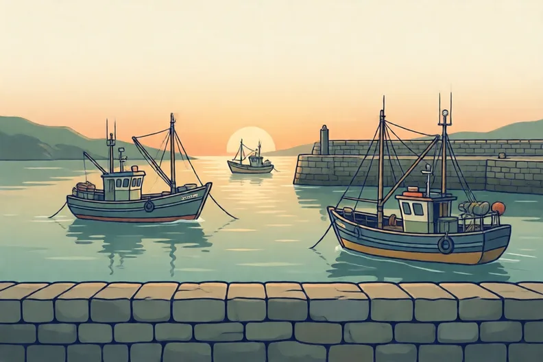 A small harbour at dusk with fishing boats sailing in