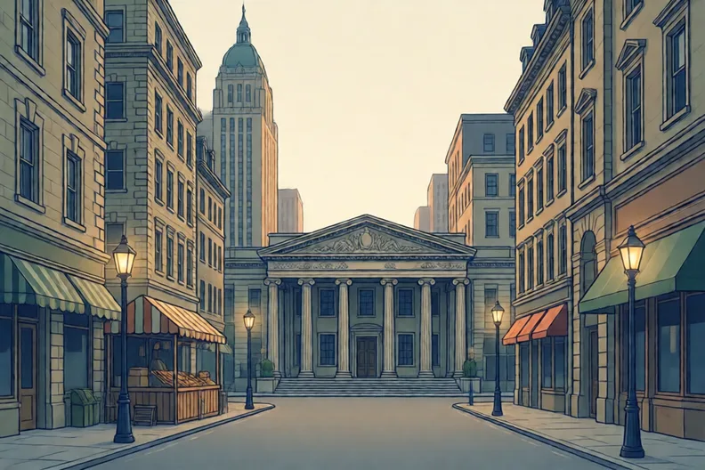 A busy city street at dusk with tall old banks and a crowded market stall