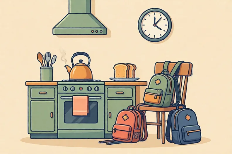 A busy kitchen before school with a kettle, school bags and a wall clock