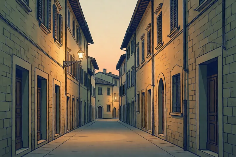 A quiet street in an Italian town at dusk with old stone houses