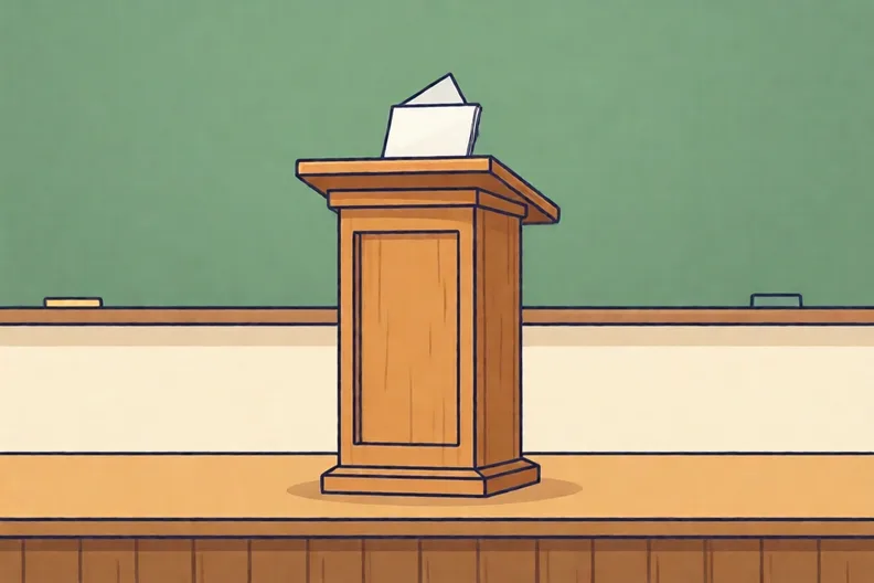 An empty wooden lectern on a school hall stage with a folded card on top