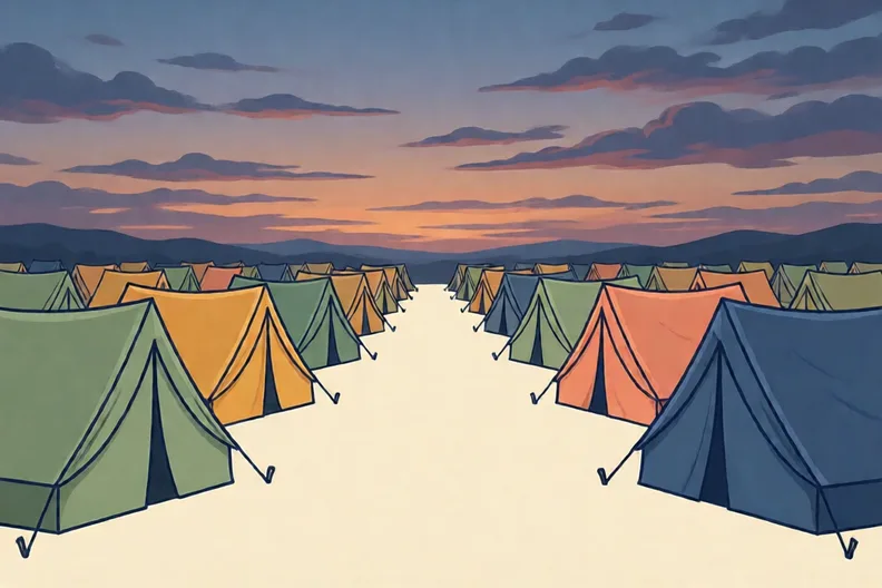 Rows of tents in a camp under a dusk sky, no people