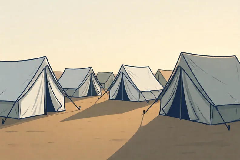 A row of plain tents in a dusty camp at evening, no people