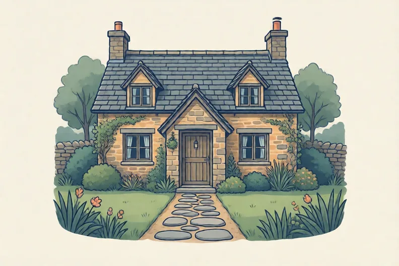 A small stone cottage with a closed wooden door and a garden path, quiet and grey in the morning
