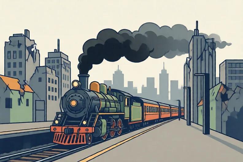 A steam train on a platform, smoke drifting from a city with broken rooftops.