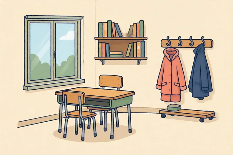 An empty classroom with a desk by a window and a shelf of books, no people
