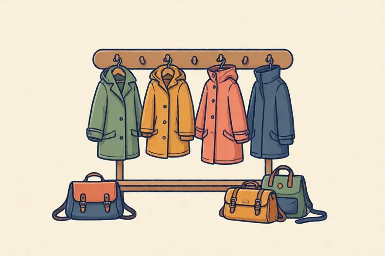 A school cloakroom with coat pegs and bags on the floor, no people