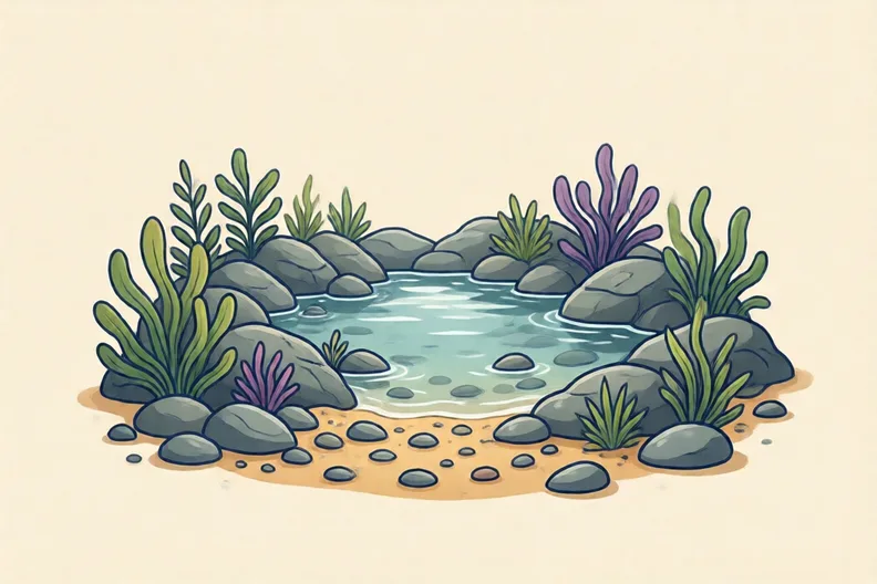 A rock pool on a beach with green and purple weed and pebbles around it