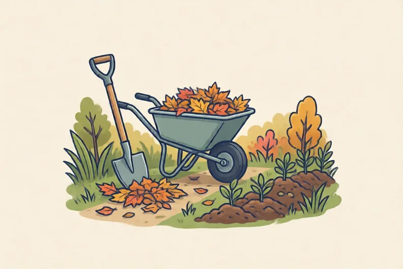 A garden with a spade and wheelbarrow after a day of digging