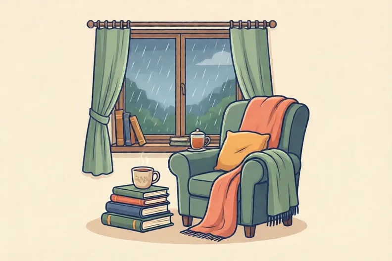 A cosy reading corner with a stack of books and a mug beside a rainy window
