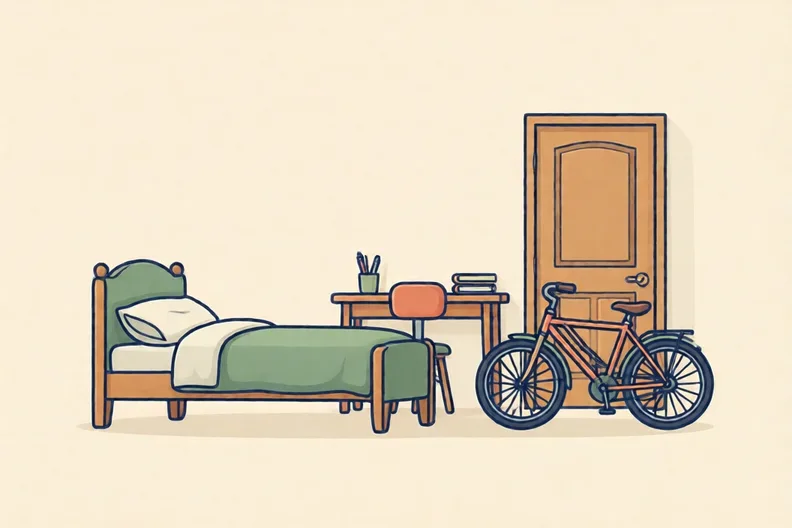 A small tidy bedroom with a bed, a pen on a desk and a bike by the door