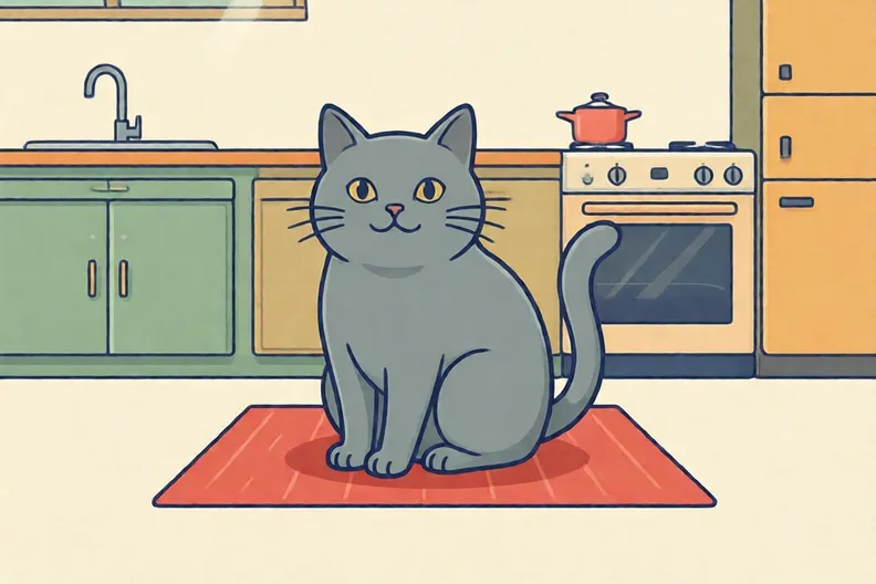 A grey cat sitting on a red mat in a sunny kitchen