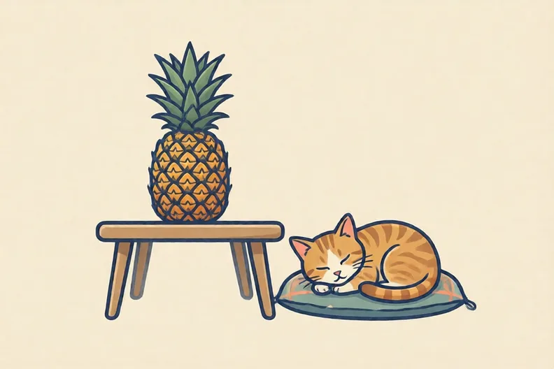 A pineapple on a table next to a sleeping cat on a mat