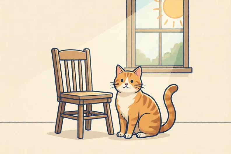 A cat sitting beside a wooden chair in a sunny room