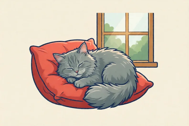 A fluffy grey cat sleeping on a red cushion by a window