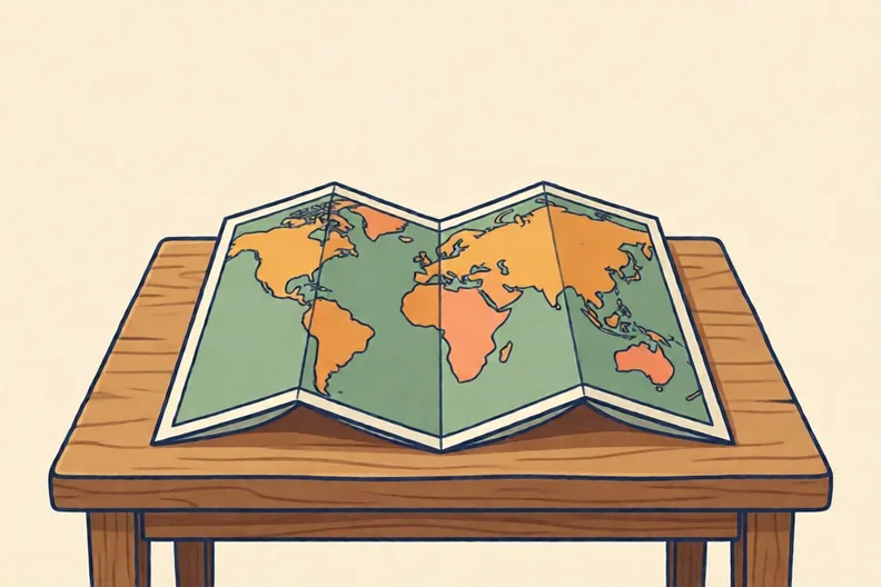 A folded paper map lying open on a wooden table